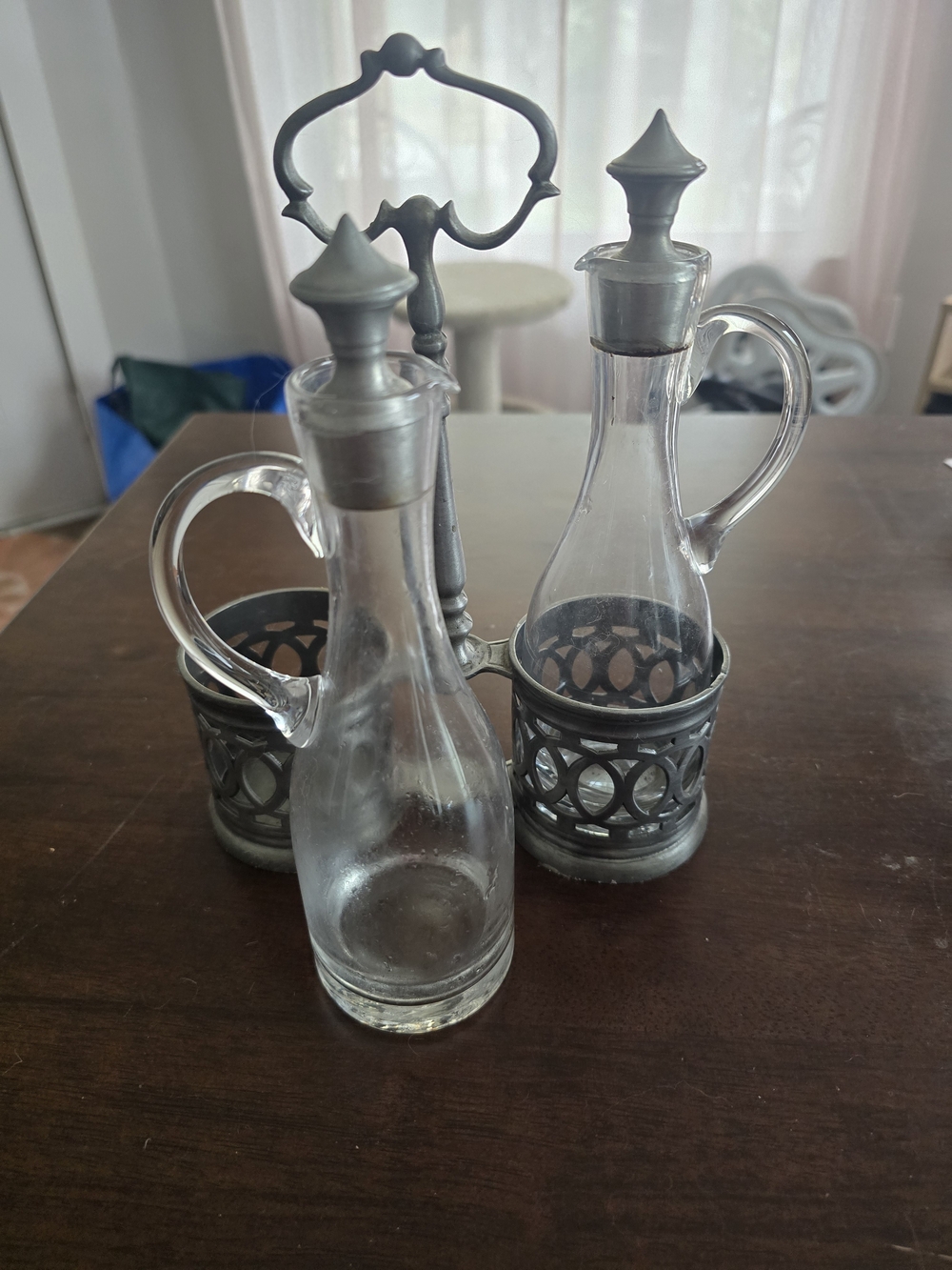 Glass Oil & Vinegar Cruet Set with Pewter-Tone Holders - Clear